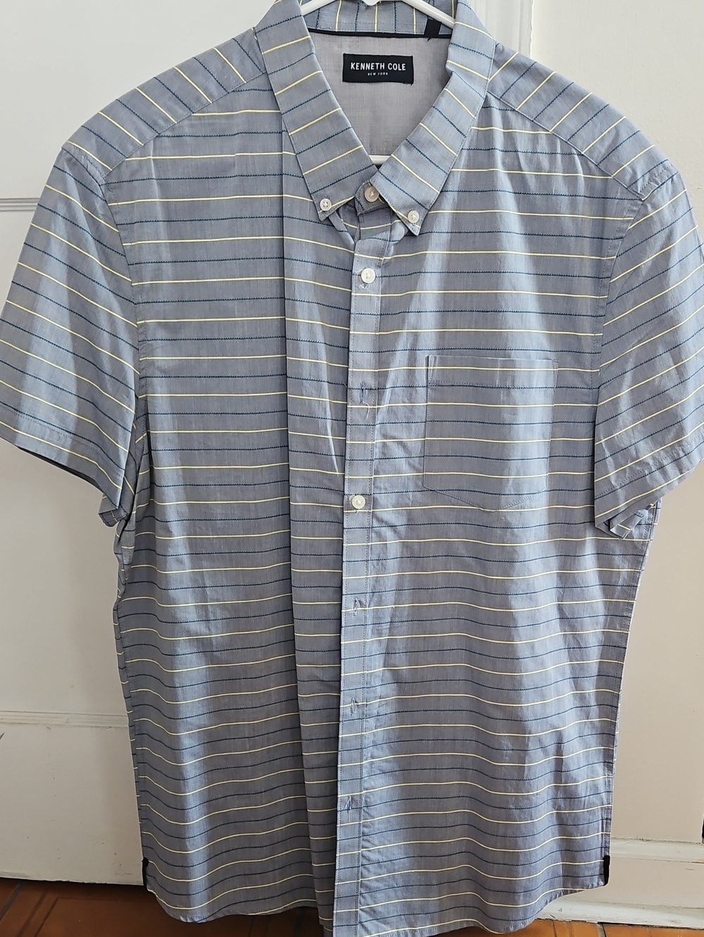 Kenneth Cole Men's Light Blue Striped Short Sleeve Button-Down Shirt